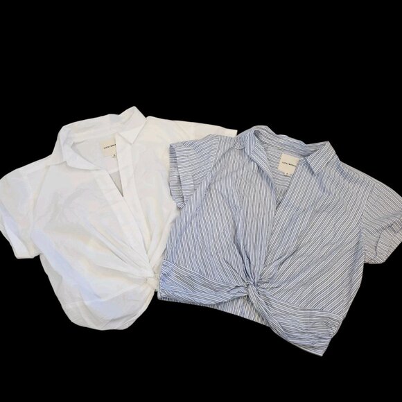 2 Lucky Brand Classic Knotted Cropped Collared Shirts White Blue Sz M NWT Preppy - Picture 1 of 9